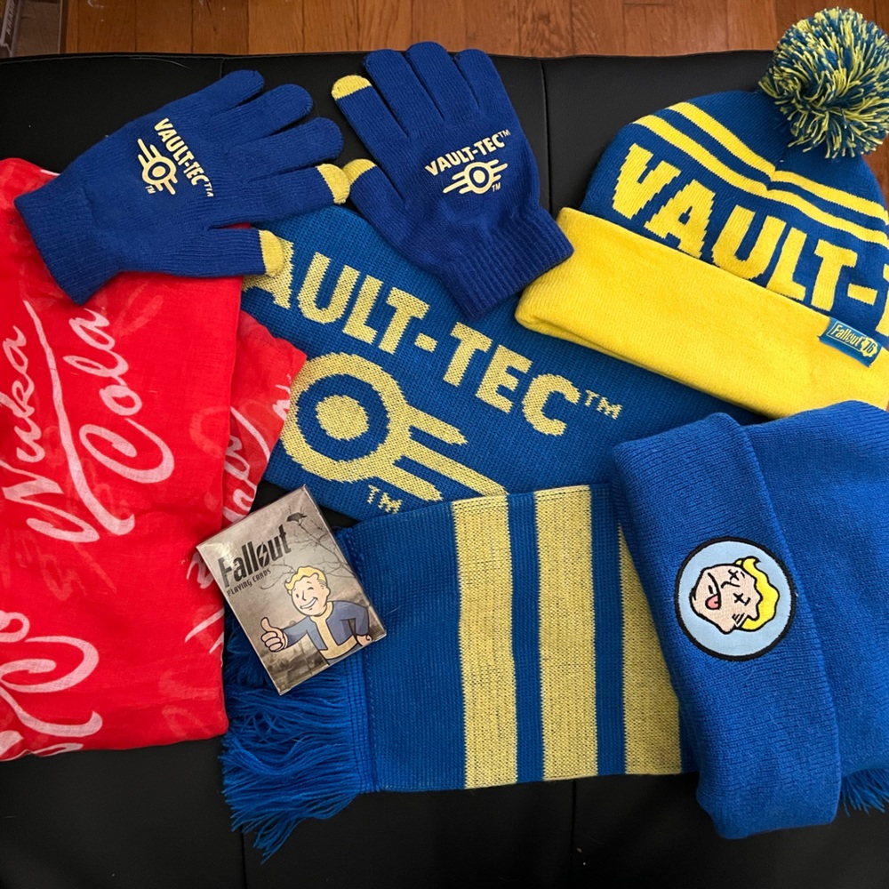 Fallout Vault Tech and Nuka Cola Scarf, Gloves, and Beanie lot